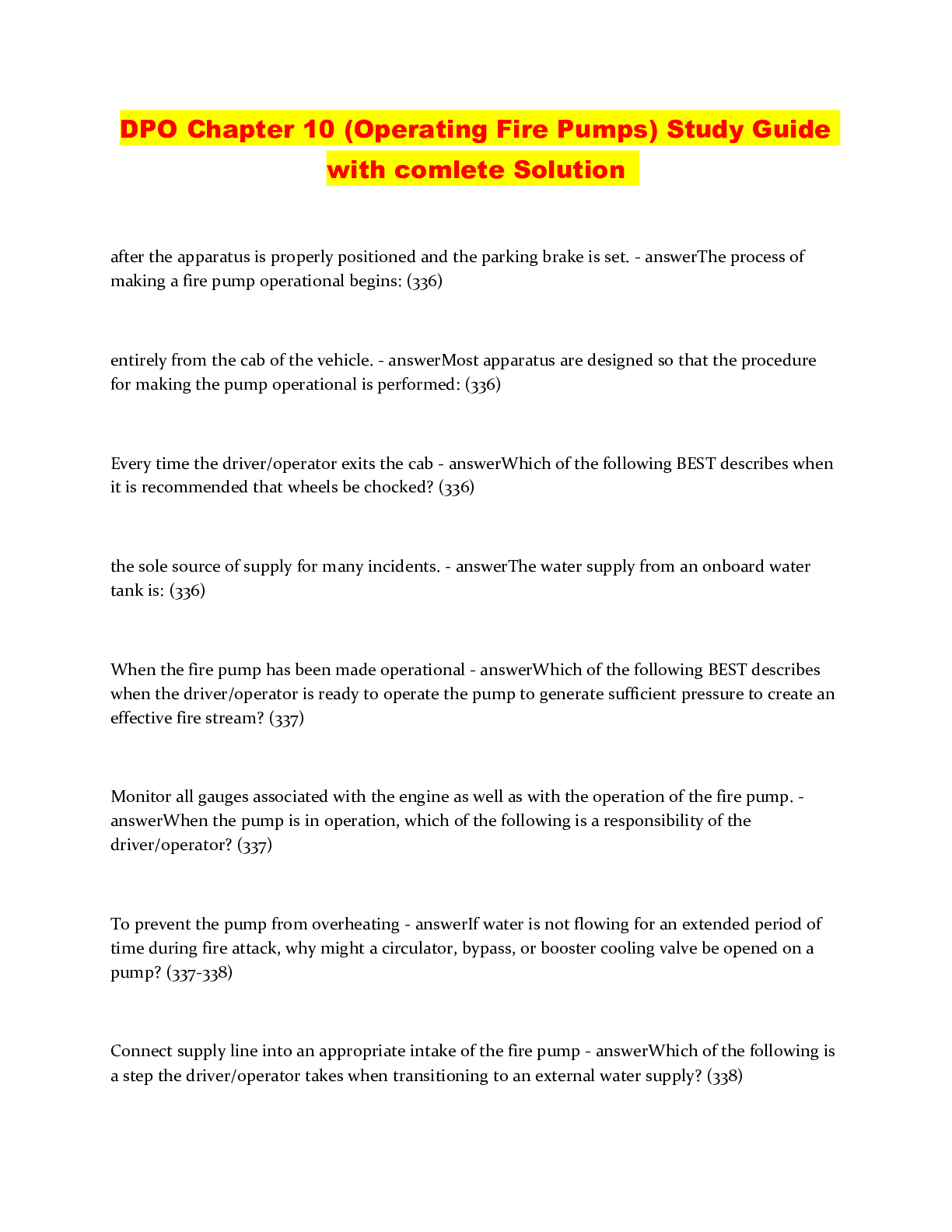 Preview image of DPO Chapter 10 (Operating Fire Pumps) Study Guide with comlete Solution document